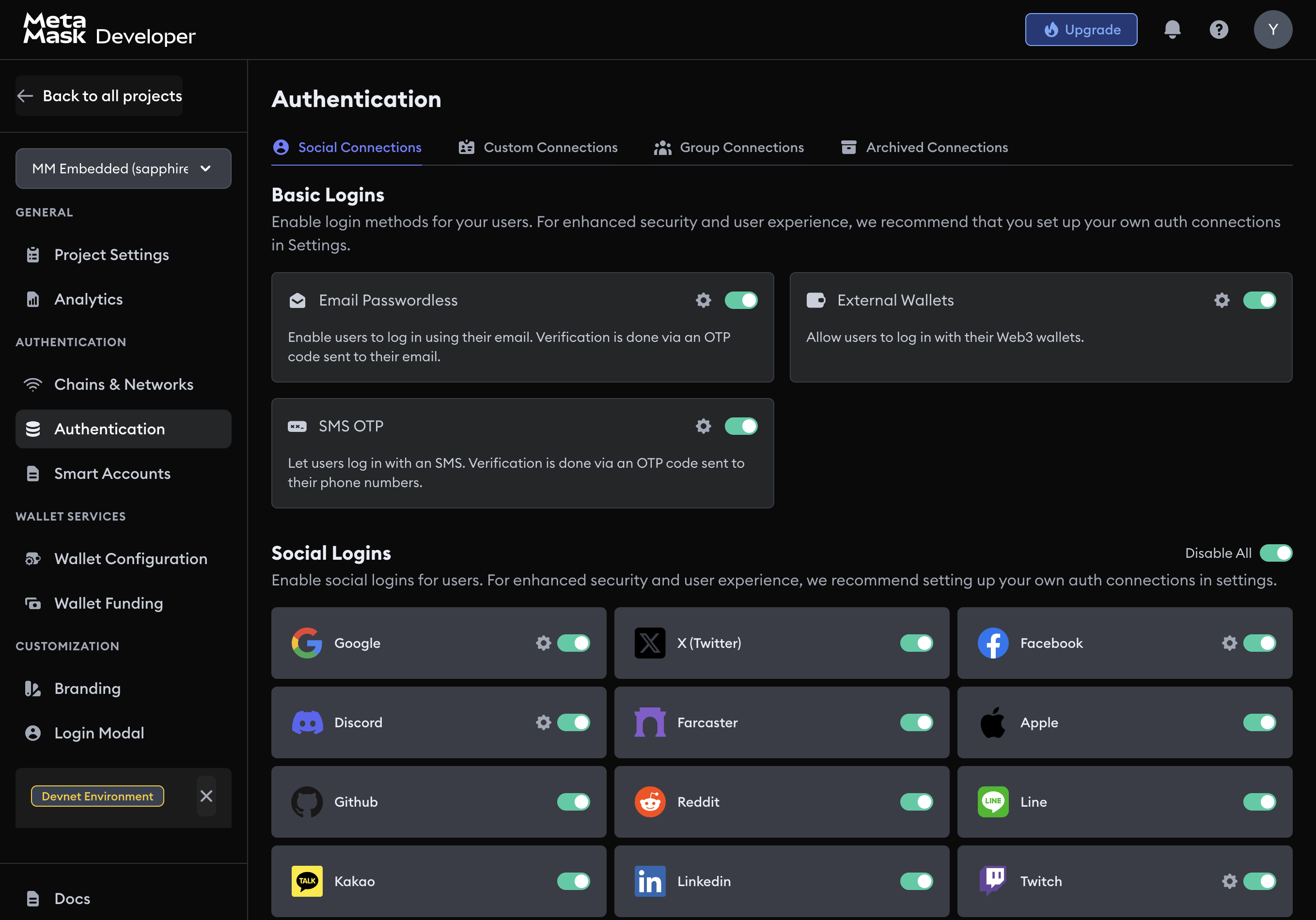 LinkedIn in the Social Connections settings